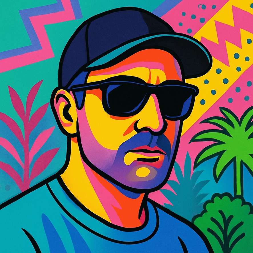 Pop-art portrait of the Lotus Eater in cap and sunglasses against a Memphis-style background.
