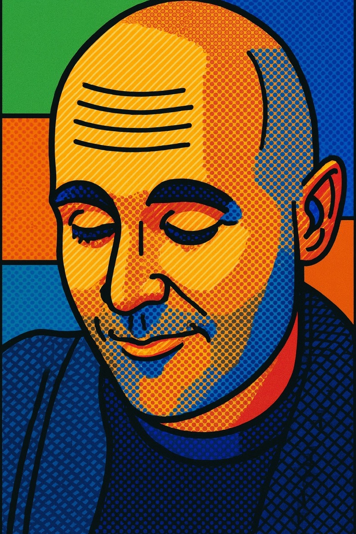 Pop-art halftone portrait of the Lotus Eater, eyes closed, in bold comic-book style.